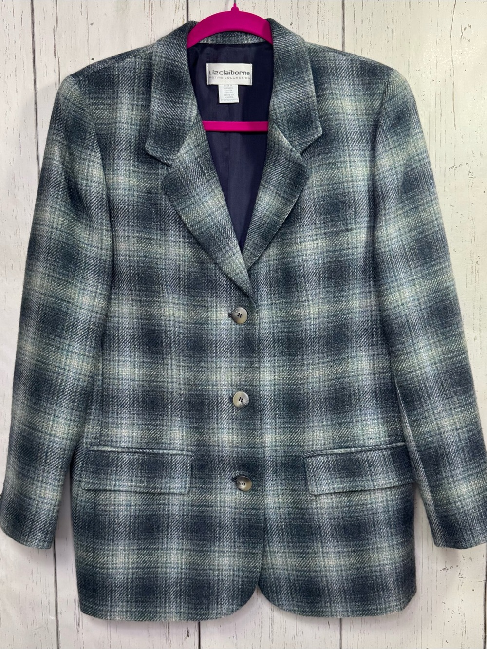 Vintage Liz Claiborne Green Plaid 100% Wool Longline Blazer 10P Academia Classic